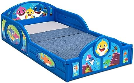 Baby Shark Plastic Sleep and Play Plastic Toddler Bed with Attached Guardrails by Delta Children, Blue Delta Children