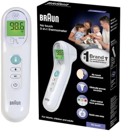 Braun No Touch 3-in-1 Thermometer, Measures Forehead, Liquid (Жидкость) and Food Temps, Professional Accuracy and Color Coded Fever Guidance for Babies, Kids, Toddlers and Adults Braun