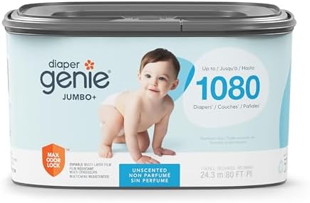 The Diaper Genie Jumbo+ Square Refill, with continuous film, can hold up to 1080 newborn-sized diapers per refill. Diaper Genie