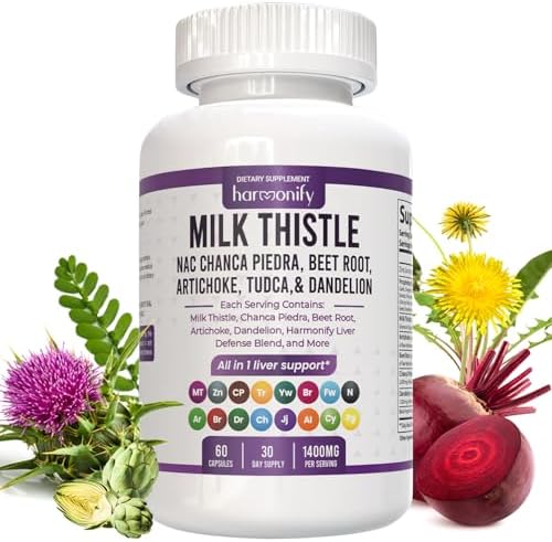 Milk Thistle Berberine Turmeric with Chanca Piedra, NAC, Beet Root, Artichoke and Dandelion Root, Detox & Cleanse & Repair 20 in 1 Supplement Plus TUDCA Choline and Ginger, 1400 Mg Harmonify