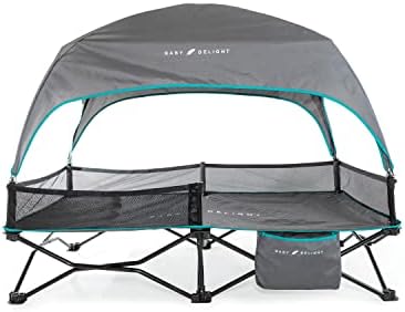 Baby Delight Go with Me Bungalow Deluxe Portable Cot, Toddler Travel Bed, Indoor and Outdoor, Sun Canopy, Grey & Teal Baby Delight