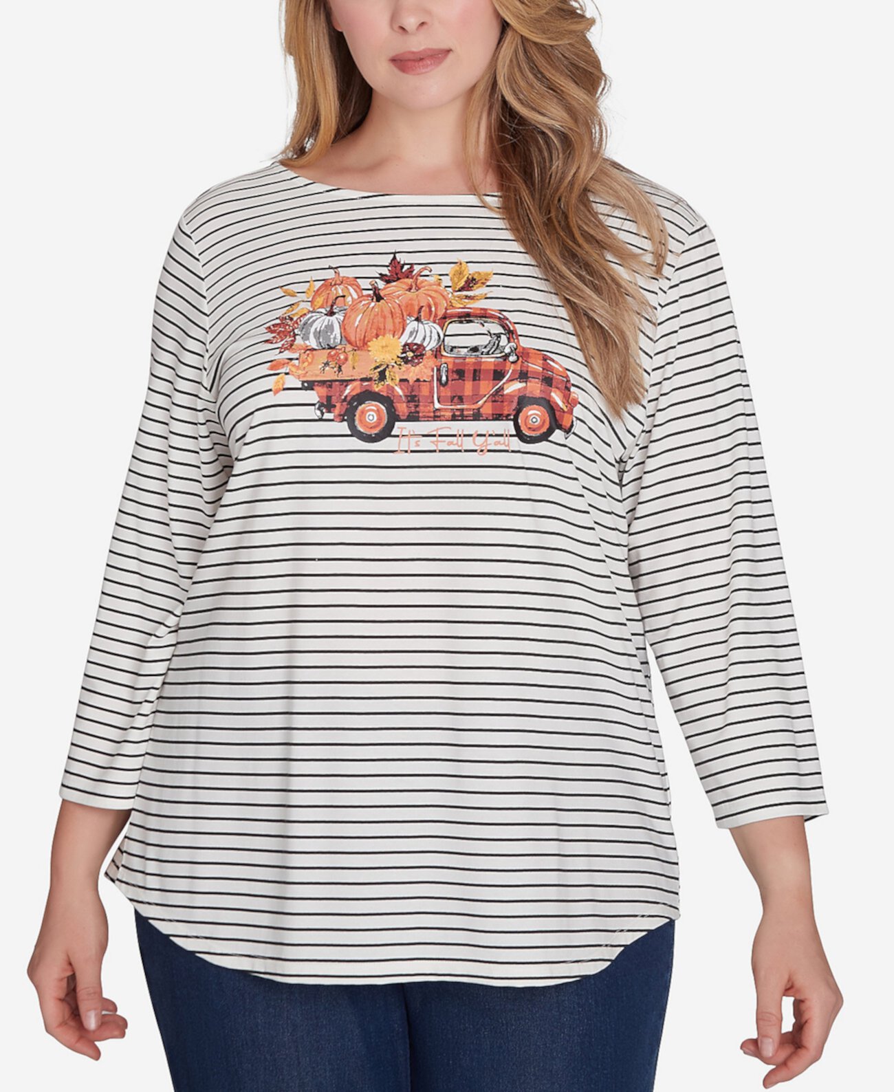 Женская Футболка Ruby Rd. Plus Size Boat Neck Fall Y'All Truck Striped Knit Top Ruby Rd.