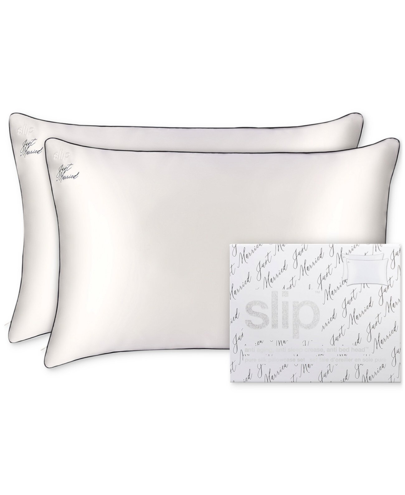 2-Pc. Pure Silk "Just Married" Queen Pillowcase Set Slip