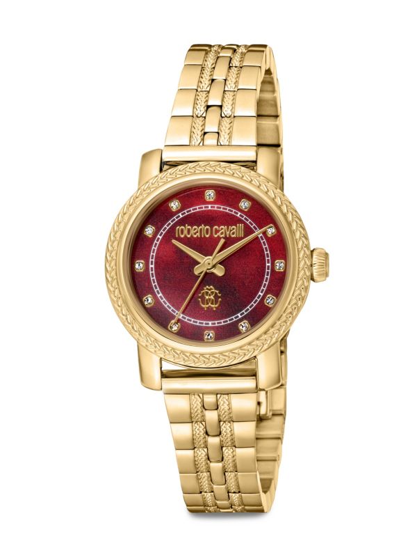 Механические часы Roberto Cavalli 30MM Goldtone Stainless Steel & Crystal Studded Bracelet Watch Roberto Cavalli