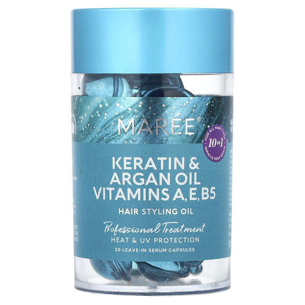 Hair Styling Oil, Kertin & Argan Oil Vitamins A, E, B5, For All Hair Types, Floral, 30 Leave-In Serum Capsules Maree