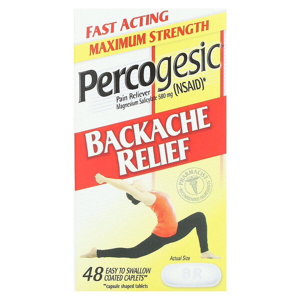 Backache Relief Pain Reliever, Maximum Strength, 48 Easy To Swallow Coated Caplets (Покрытые оболочкой капсулы) Percogesic