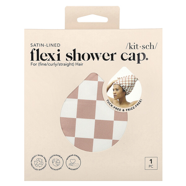 Satin-Lined Flexi Shower Cap, Terracotta Checker, 1 Cap Kitsch