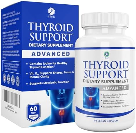 1 Body Thyroid Support Supplement with Iodine - Energy & Focus Support Formula - Vegetarian & Non-GMO - Vitamin B12 Complex, Zinc, Selenium, Ashwagandha, Copper & More 30 Day Supply 1 Body