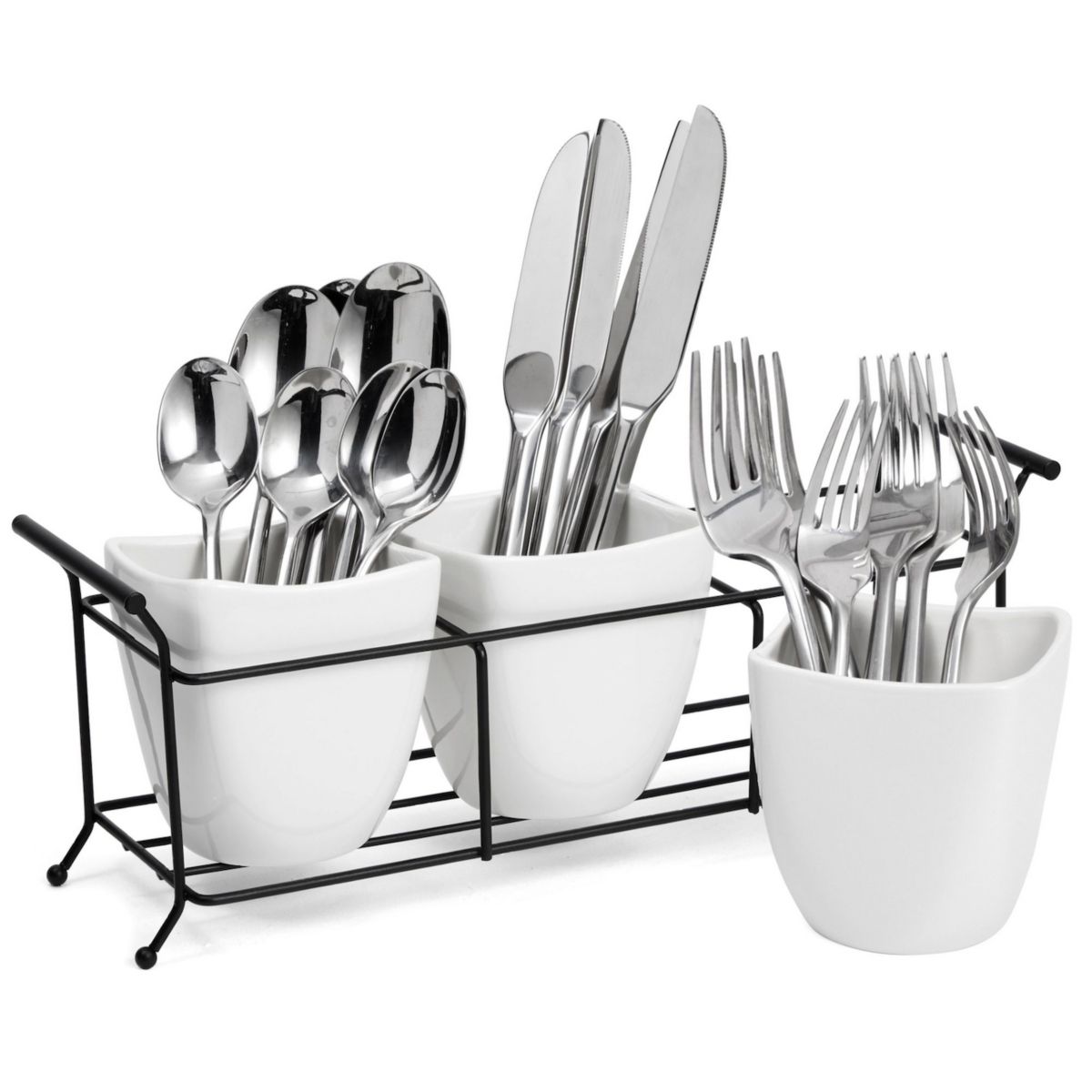 3-piece White Ceramic Utensil Holder With Metal Stand, Flatware Caddy, 13x4x5 In Farmlyn Creek