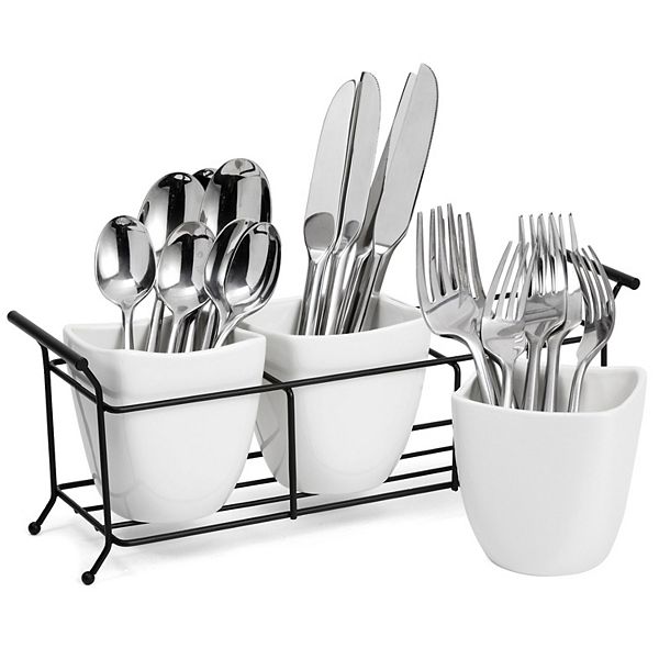 3-piece White Ceramic Utensil Holder With Metal Stand, Flatware Caddy, 13x4x5 In Farmlyn Creek