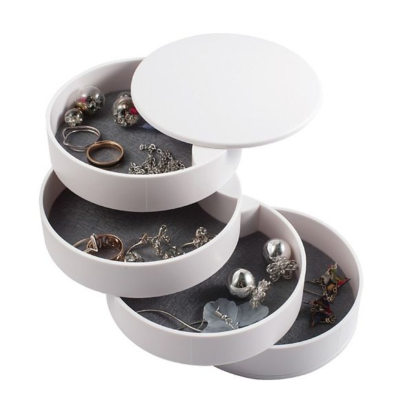 4 Layer Jewelry Storage Organizer, 360° Rotating Tiered Jewelry Trinket Tray, Small Plastic Ring Bracelet Earring Holder for Women, White Zodaca