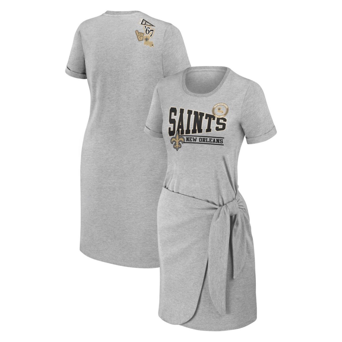 Женское платье-футболка WEAR by Erin Andrews с узлом на сером фоне и логотипом New Orleans Saints WEAR by Erin Andrews