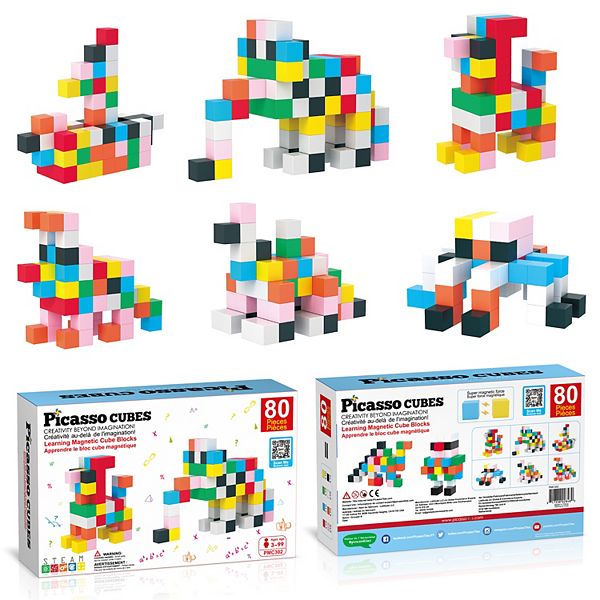 PicassoTiles PMC302 Magnet Cube Building Blocks 80 Pieces 1.2&#34; Magnetic Cubes Toy Construction Building Educational Sensory Toys with Idea Booklet for School & Preschool Kids Boys Girls Toddlers PicassoTiles