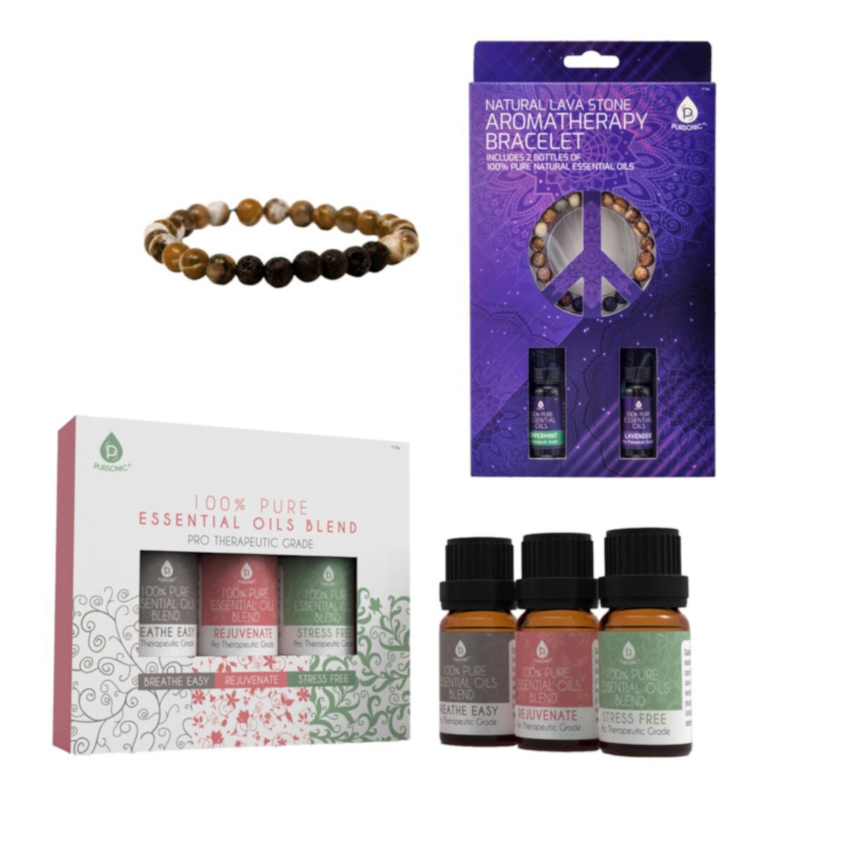 Pursonic Aromatherapy Bliss Bundle: Lava Stone Bracelet + Pure Essential Oils. Pursonic