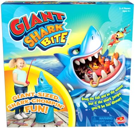 Игра Goliath Giant Shark Bite - Лови рыбу из пасти акулы прежде, чем она прыгнет - Прыгает почти на 3 фута - Для детей от 4 лет, 2-4 игрока, синяя световая Goliath