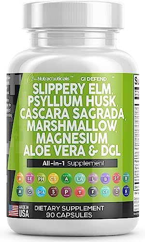 Clean Nutraceuticals Slippery Elm 5000mg Psyllium Husk 2000mg Pre Probiotic Digestive Gut Health Supplement with Aloe Vera Cascara Sagrada 2000mg Marshmallow Root DGL Licorice Senna Extract Clean Nutraceuticals