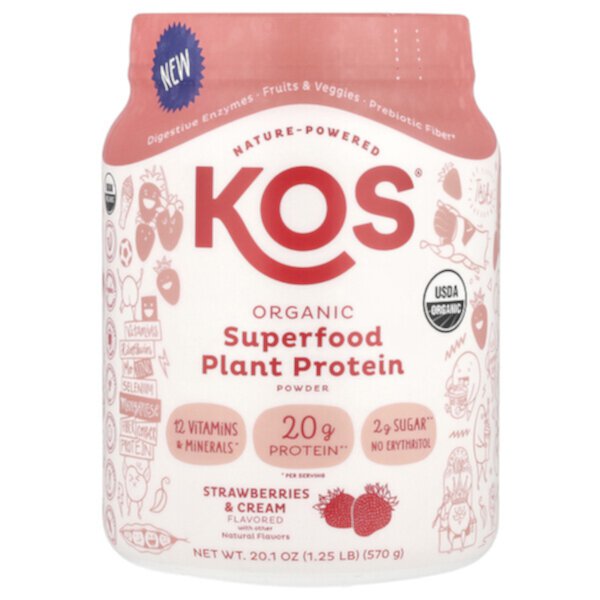 Organic Superfood Plant Protein Powder (Порошок), Strawberries & Cream (Крем), 1.25 lb (Фунты) (570 g) KOS