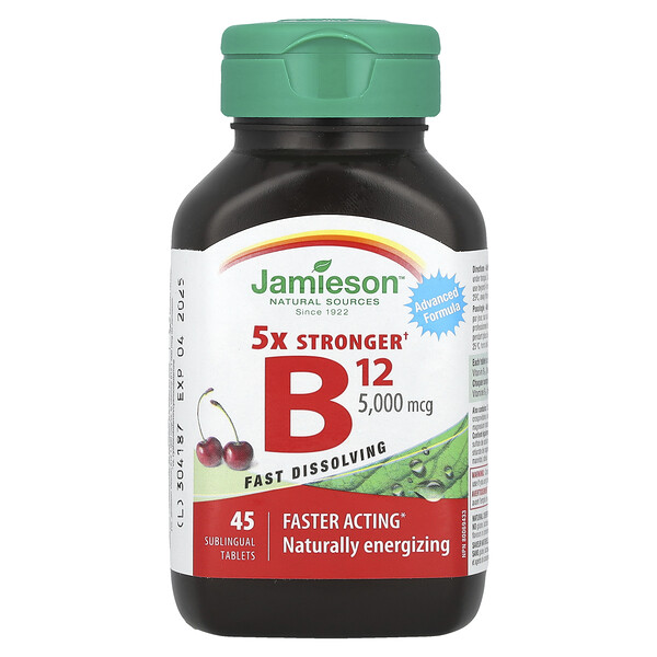 5X Stronger Vitamin B12, Natural Cherry, 5,000 mcg, 45 Sublingual Tablets (Сублингвальные таблетки (для рассасывания под языком)) Jamieson Vitamins