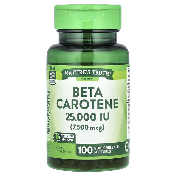 Beta Carotene, 25,000 IU (7,500 mcg), 100 Quick Release Softgels (Мягкие капсулы быстрого высвобождения) Nature's Truth