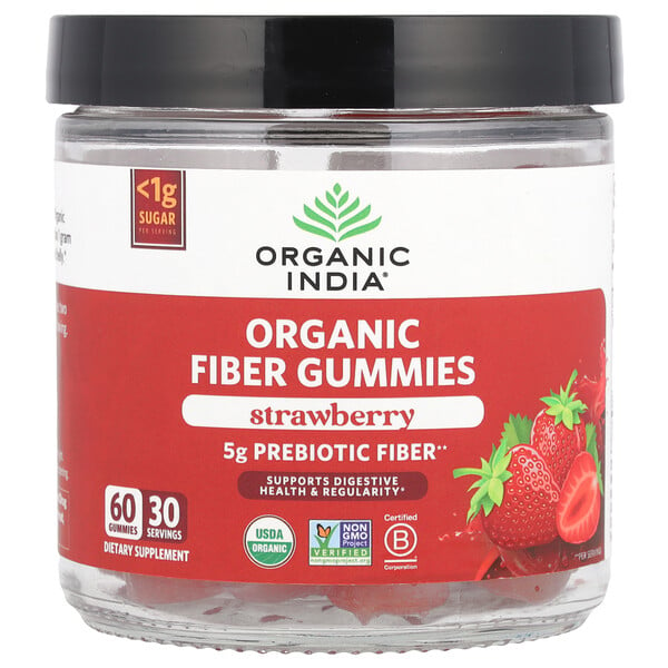 Organic Fiber Gummies (Жевательные конфеты), Strawberry, 60 Gummies Organic India