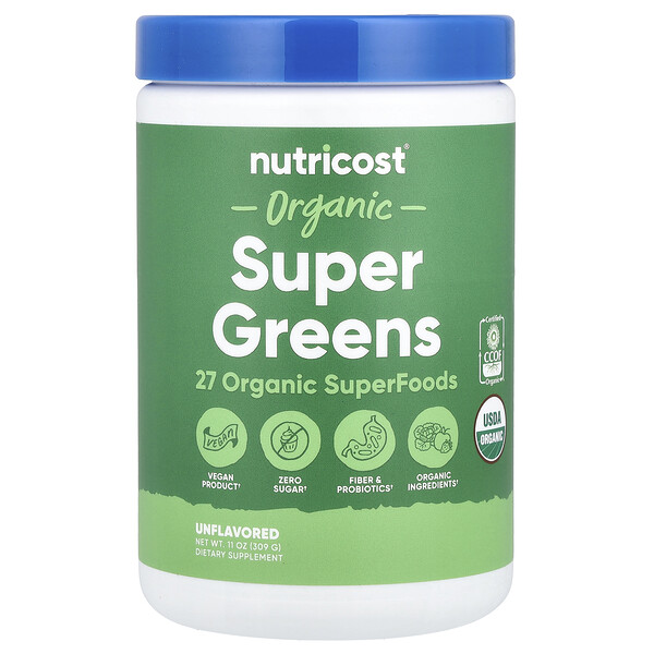 Organic Super Greens, Unflavored (Без вкуса), 11 oz (Унции) (309 g) Nutricost