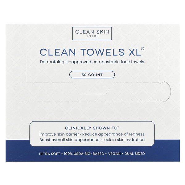 Компостируемые лицевые полотенца Clean Towels XL®, 50 шт., дерматологически одобрены, веганские Clean Skin Club