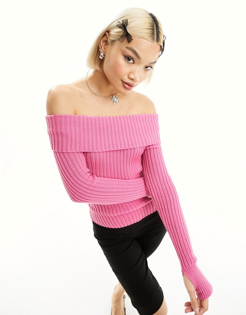 Motel chunky rib off shoulder sweater in hot pink Motel