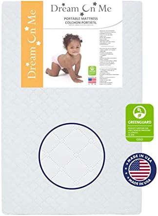 Dream On Me Aster 3" Fiber Portable Mini Crib Mattress, Waterproof Vinyl Cover, Greenguard Gold Certified, Mini Crib Mattress, 38" L x 24" W x 3" Th, Grey Dream On Me