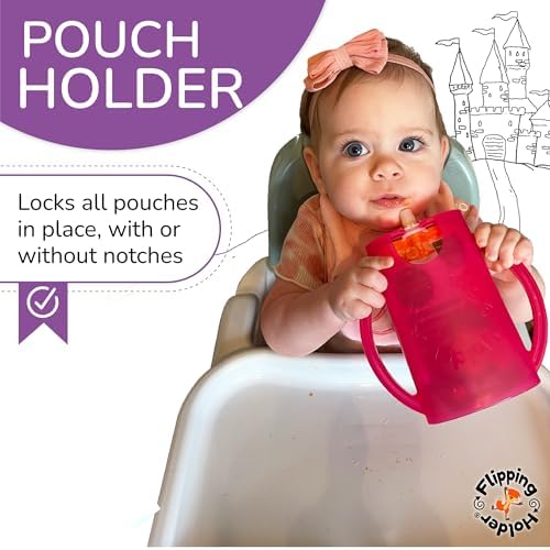 Squeeze Proof Flipping Holder for Food Pouches & Juice Boxes - Universal Multipurpose Design - Prevent Messes & Support Self-Feeding - Curved Handles for Easy Grasping - Food Safe - Blue (Blue) Flipping Holder