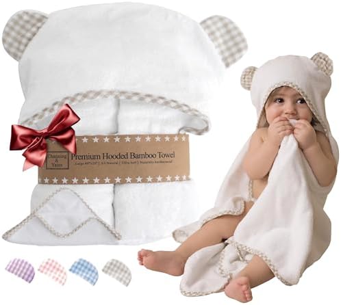 Channing & Yates Premium Boutique Organic Baby Bath Towel and Washcloth Set - Vicose Bamboo Baby Hooded Towel - Soft Baby Towels Baby Bath Essentials - Girl Boy Baby Bath Towels (Beige/White) Channing & Yates