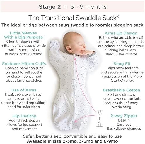 Товар для пеленания Amazing Baby Transitional Swaddle Sack с рукавами полудлиной и манжетами, Маленькие Слоны, Серебристый, Средний, 3-6 месяцев, 14-21 фунт (Лучший Сон для Ребенка, Легкий Переход от Пеленания) Amazing Baby