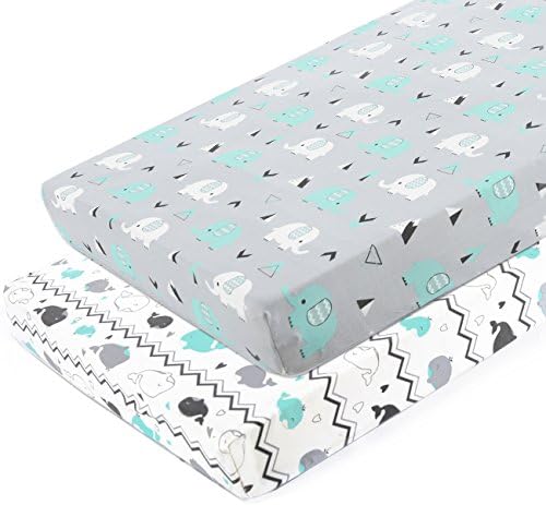 Pack n Play Sheets, BROLEX 2 Pack Mini Crib Sheets,Stretchy Portable Fitted Playard Sheet Set, Convertible Playard Mattress Cover,Ultra Soft Breathable Material,Elephant & Whale BROLEX