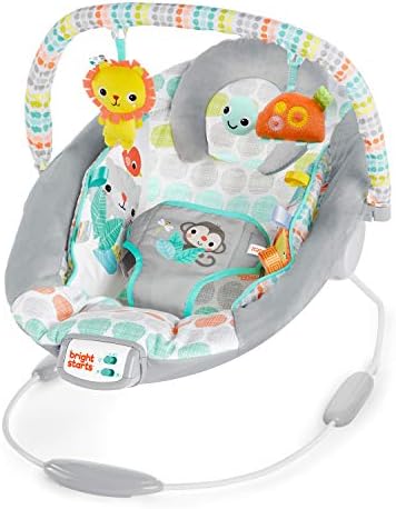 Bright Starts Comfy Baby Bouncer Soothing Vibrations Infant Seat - Taggies, Music, Removable -Toy Bar, 0-6 Months Up to 20 lbs (Whimsical Wild) Bright Starts