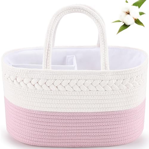 ABenkle Baby Diaper Caddy, Nursery Storage Bin and Car Organizer for Diapers Wipes, Cotton Rope Basket Changing Table Caddy ABenkle