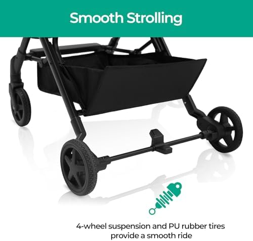 Mompush Lithe Lightweight Stroller, Compact One-Hand Fold Travel Stroller for Airplane Friendly, Reclining Seat and Large Canopy, with Rain Cover & Travel Carry Bag & Cup Holder Mompush