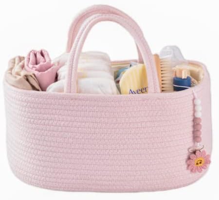 Baby Diaper Caddy Organizer for Girl Boy Rope Nursery Storage Bin Basket Portable Holder Tote Bag for Changing Table Car Travel Baby Shower Gifts Newborn Essentials Registry Must Have Items Pink Xuanguo