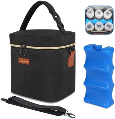 Mancro Breastmilk Cooler Bag with Ice Pack, Fits 6 Baby Bottles Up to 9 Ounce Insulated Bottle Bag, Breast Milk on The go Strap, for Nursing Mom Daycare, Black Mancro