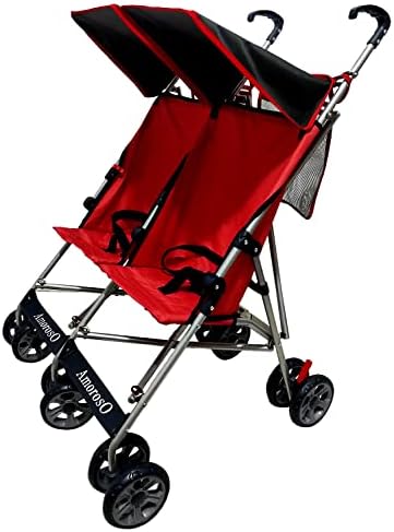 AmorosO Twin Lightweight Umbrella Stroller - Easy to Clean Stroller - Baby Stroller with Five Wheels - Travel-Ready Stroller - with Extra Storage - Sunlight and Light Rain Protection Amoroso