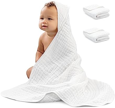 Comfy Cubs 2 Pack Baby Hooded 9 Layer Muslin Cotton Towel for Kids, Large 32” x 32”, Ultra Soft, Warm, and Absorbent. Baby Essentials Bath Towels, Cute Unisex Cover for Girls and Boys (2 Pack, White) Comfy Cubs