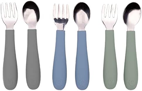 WeeSprout Toddler Utensils, 3 Forks & 3 Spoons, 18/8 Stainless Steel & Food Grade Silicone, Thick Easy-Grip Handles, Perfect Length For New Self Feeders, Gentle On Gums & Teeth, Dishwasher Safe WeeSprout