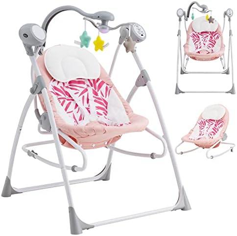 INFANS 2 in 1 Baby Swing and Bouncer for Infants, Portable Newborn Rocker with 5 Speed Sway Music Timing 3 Toys Remote Control, Easy Fold, Compact Electric Baby Swing for 0-6 Months Boy Girl Infans