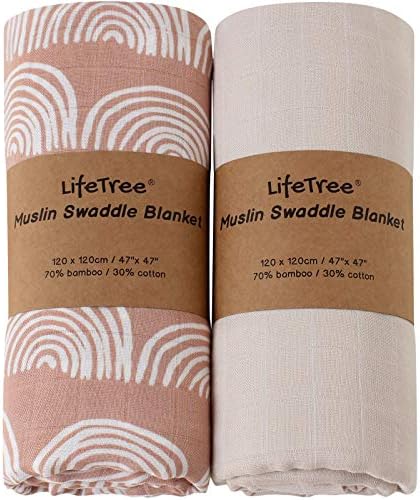 LifeTree Muslin Swaddle Blankets Neutral, Baby Swaddling Wrap Nursery Blanket for Boys & Girls Unisex, Soft 70% Viscose from Bamboo and 30% Cotton, Large 47 x 47 inches, Bear & Checkered Coffee LifeTree