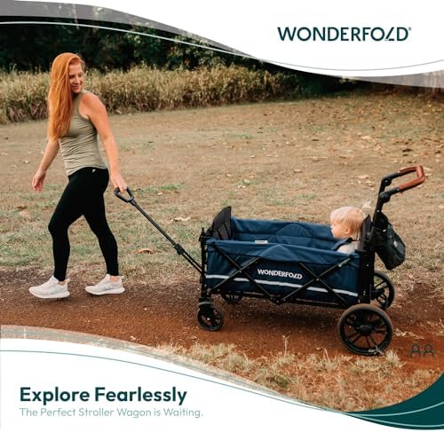 WONDERFOLD X2 Push & Pull Stroller Wagon (2 Seater) - Collapsible Wagon Stroller with 5-Point Seatbelt Harnesses, Push & Pull Handles & Removable Sun Canopy, Pitch Black WONDERFOLD