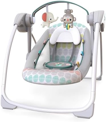 Bright Starts Pink Paradise Portable Compact Automatic Baby Swing with Music, Unisex, Newborn + Bright Starts