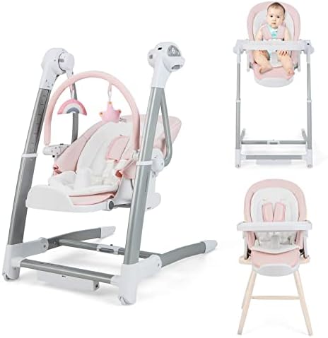 BABY JOY Baby Swings for Infants, 3 in 1 Foldable High Chair w/ 8 Adjustable Height, 5-Position Backrest, 3 Timer Settings, 12 Melodies and 5 Natural Sounds, Booster Seat for Dining Table (Gray) BABY JOY