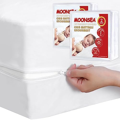 Waterproof Crib Mattress Protector Zippered 2 Pack, 6-Side Waterproof Crib Mattress Encasement, Durable Zipper, Noiseless, 28'' X 52" X 6" Moonsea