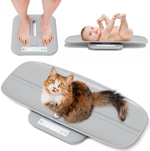 Baby Scale, Multifunctional Puppy Scales for Weighing, Pet Scale for Puppy, Cat, Adult Scale Up to 330lbs, Digital Scale with Hold Function, 27-inch Height Measurement, 5 Units, LED Screen Grey Grownsy