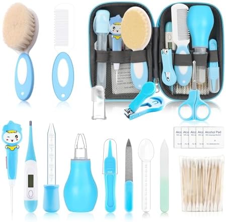 Baby Grooming Kit，Infant Safety Care Setwith Hair Brush Comb Nail Clipper Nasal Aspirator, Baby Essentials Kit for Newborn Girls Boys (20 PC-Blue Kit) WXA