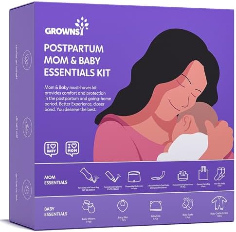 Grownsy Postpartum Mom & Baby Essential Kits, Postpartum Recovery Kit for Labor &Delivery with Hospital Essentials for Women After Birth with PERI Bottle, Herbal Cooling Spray, Herbal Cooling Liner GROWNSY