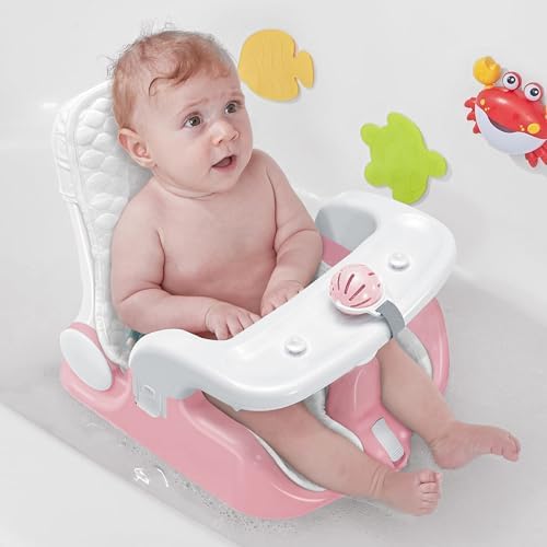 BabyBond Baby Bath Seat with Sitting & Lying 2 Modes, 3-Speed Adjustment, Powerful Suction Cups, Infant Bathtub Chair with Washable Pillow BabyBond